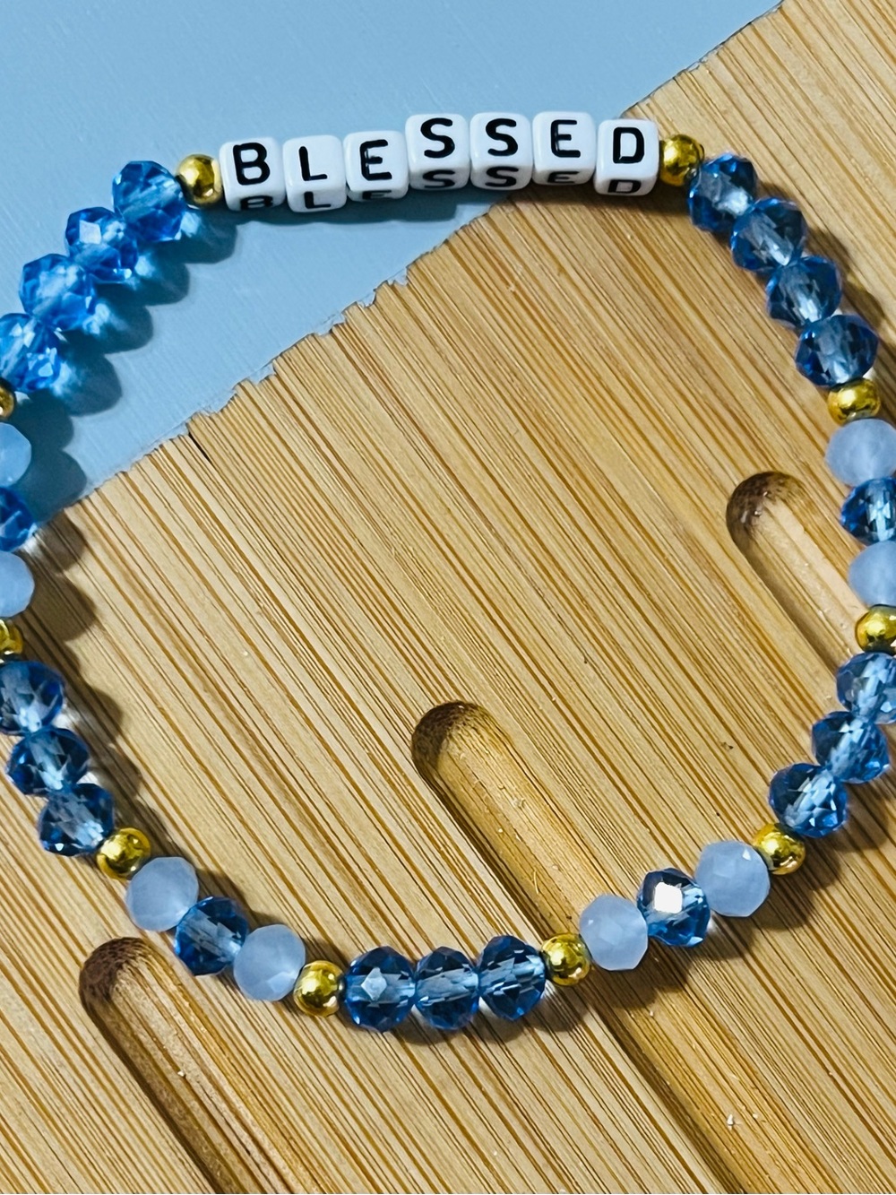 BLESSED Blue face cut crystals Beaded Stretch Bracelet - Gold Accent